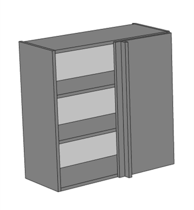 Korpuss sienas stūra skapim (kreisais) ar uz sānu veramu durvi.