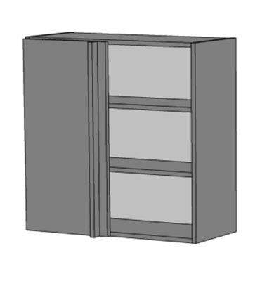 Korpuss sienas stūra skapim (labais) ar uz sānu veramu durvi.
